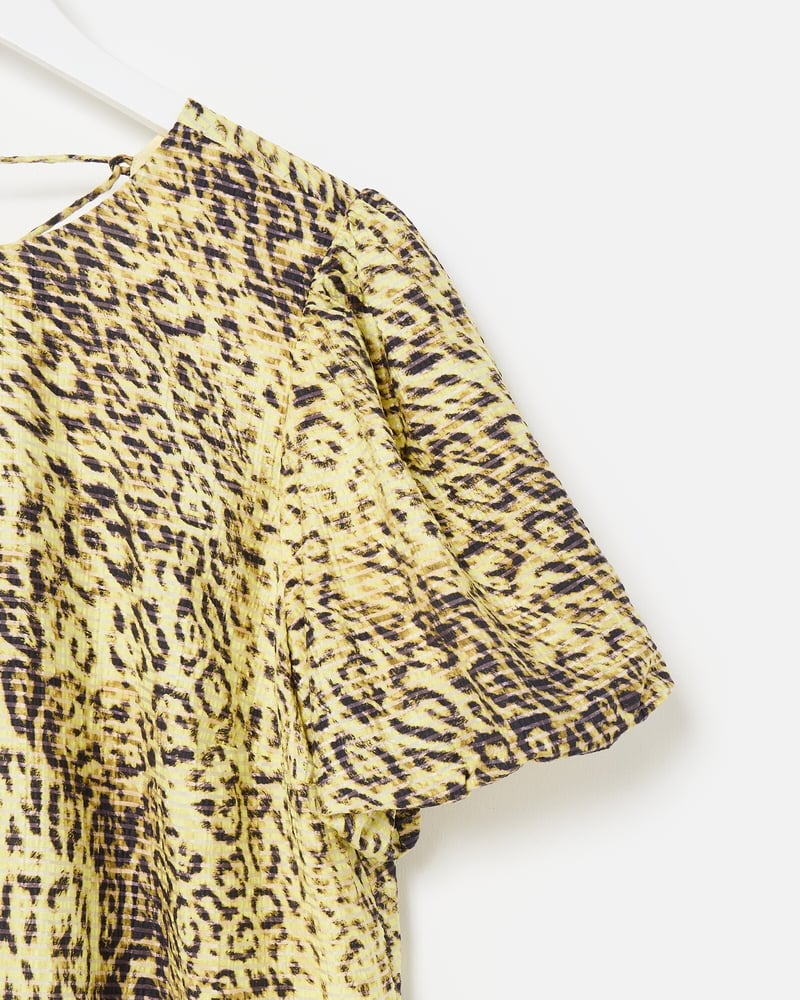 Yellow Animal Print Textured Puff Sleeve Mini Dress