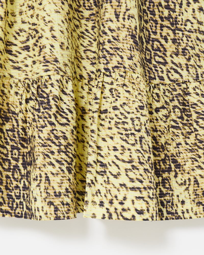 Yellow Animal Print Textured Puff Sleeve Mini Dress