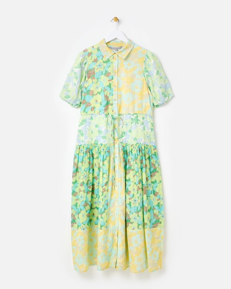 Green & Yellow Floral Tiered Midi Shirt Dress