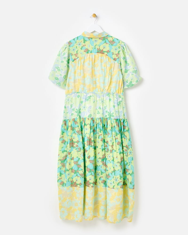 Green & Yellow Floral Tiered Midi Shirt Dress