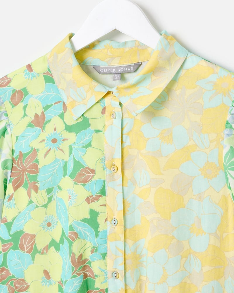 Green & Yellow Floral Tiered Midi Shirt Dress