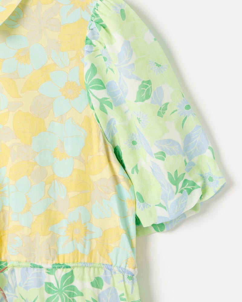 Green & Yellow Floral Tiered Midi Shirt Dress