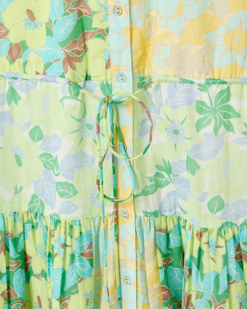Green & Yellow Floral Tiered Midi Shirt Dress