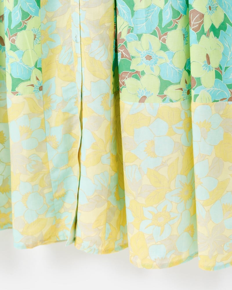 Green & Yellow Floral Tiered Midi Shirt Dress