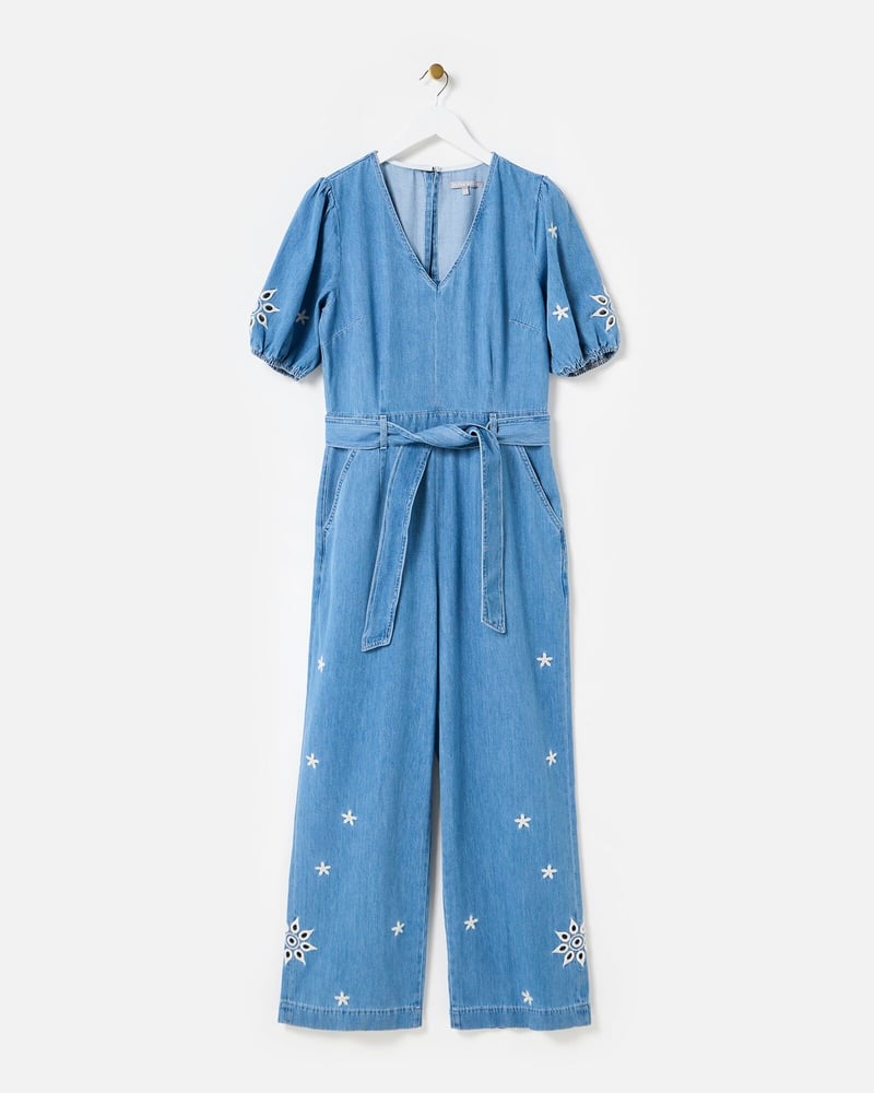 Blue Chambray Embroidered Tie Waist Cotton Jumpsuit