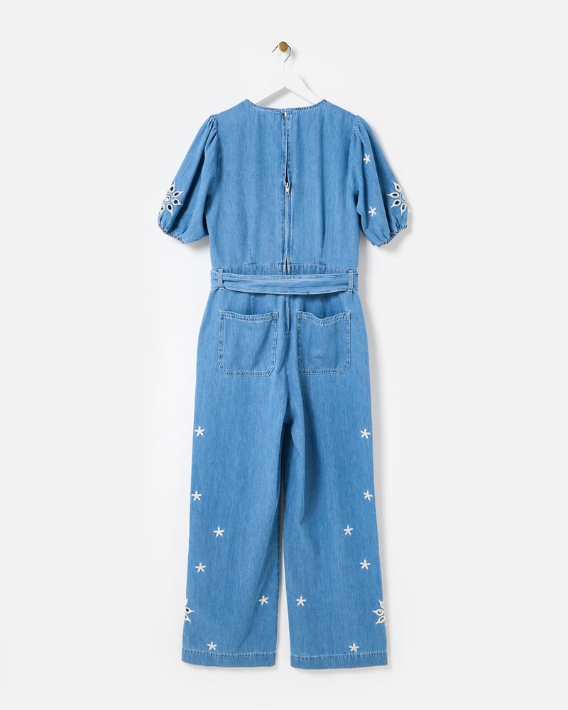 Blue Chambray Embroidered Tie Waist Cotton Jumpsuit