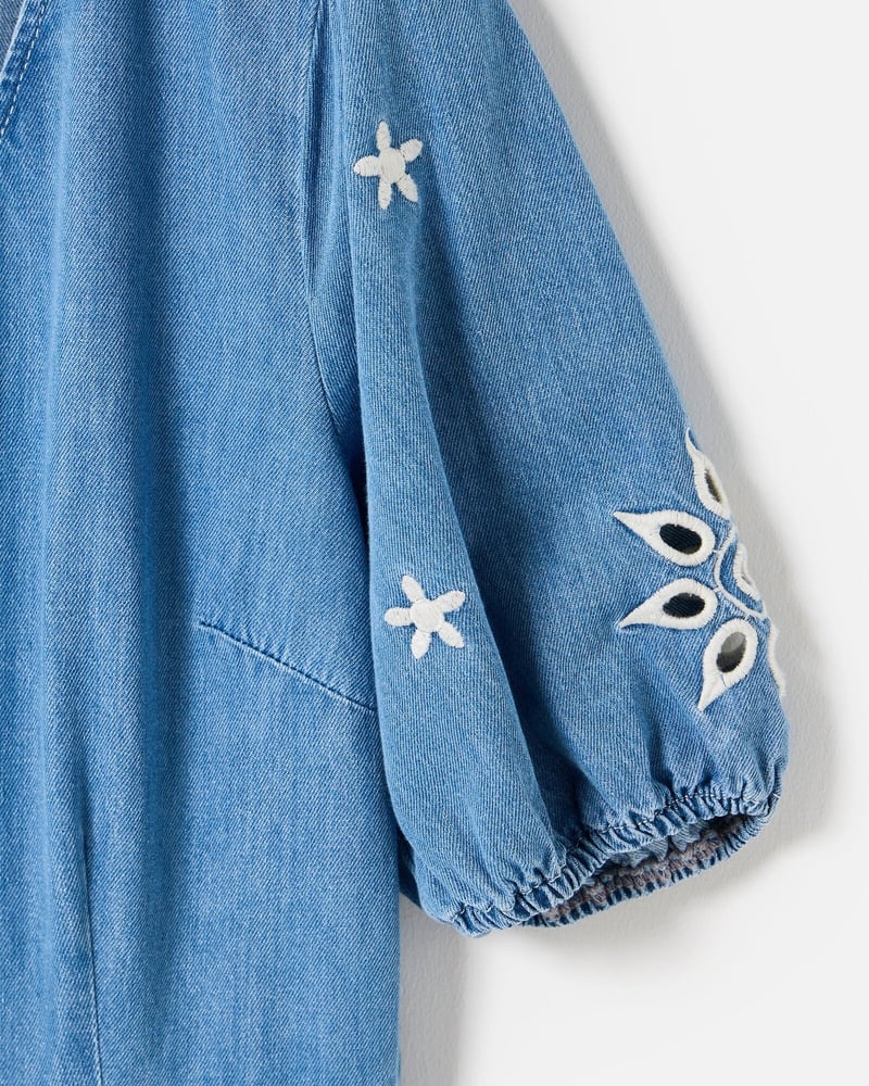 Blue Chambray Embroidered Tie Waist Cotton Jumpsuit