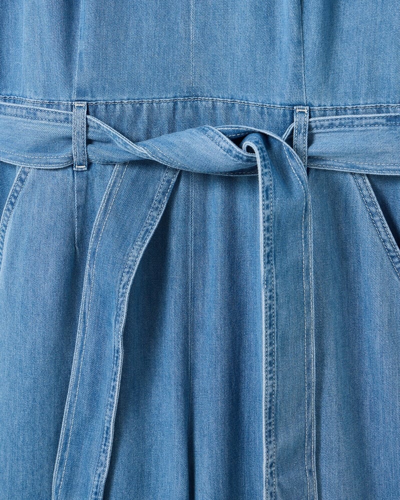Blue Chambray Embroidered Tie Waist Cotton Jumpsuit