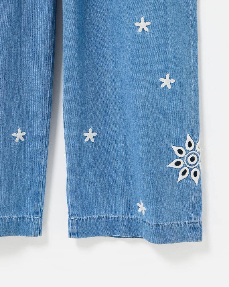 Blue Chambray Embroidered Tie Waist Cotton Jumpsuit