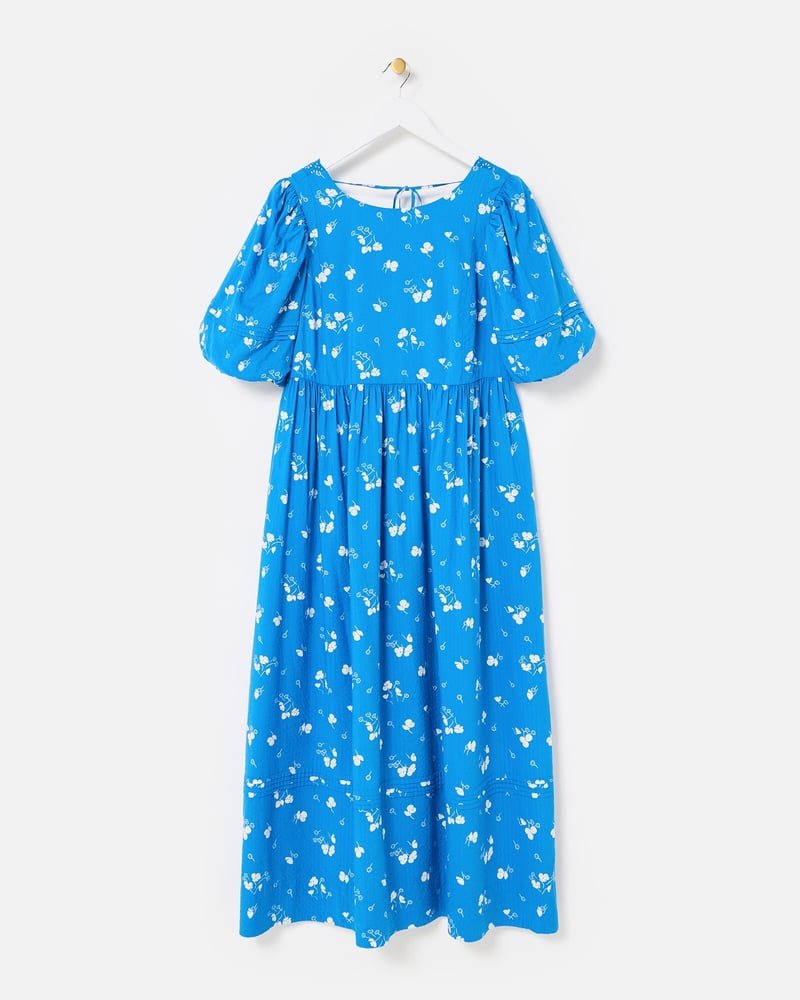 Blue & White Floral Puff Sleeve Midi Dress