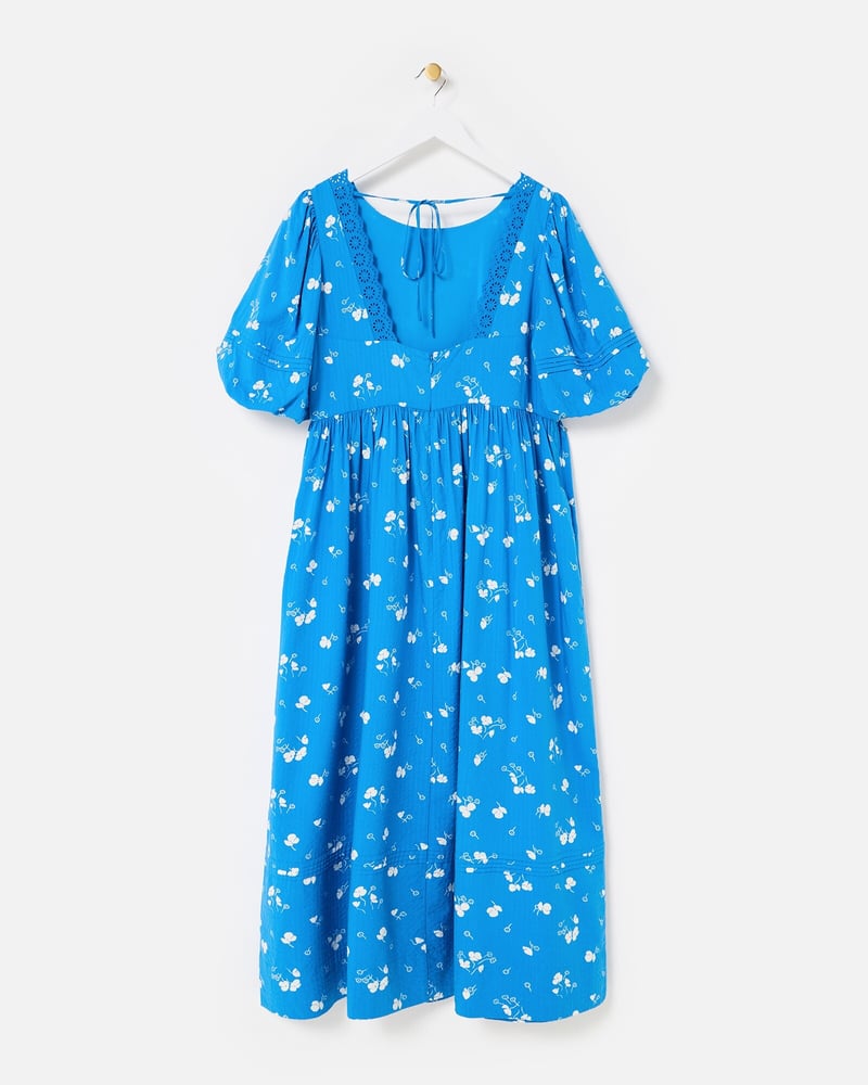 Blue & White Floral Puff Sleeve Midi Dress