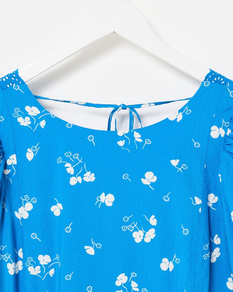 Blue & White Floral Puff Sleeve Midi Dress