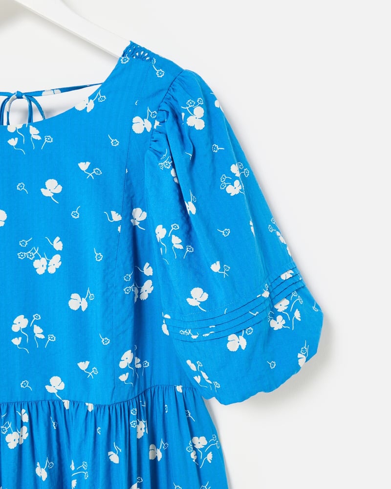 Blue & White Floral Puff Sleeve Midi Dress