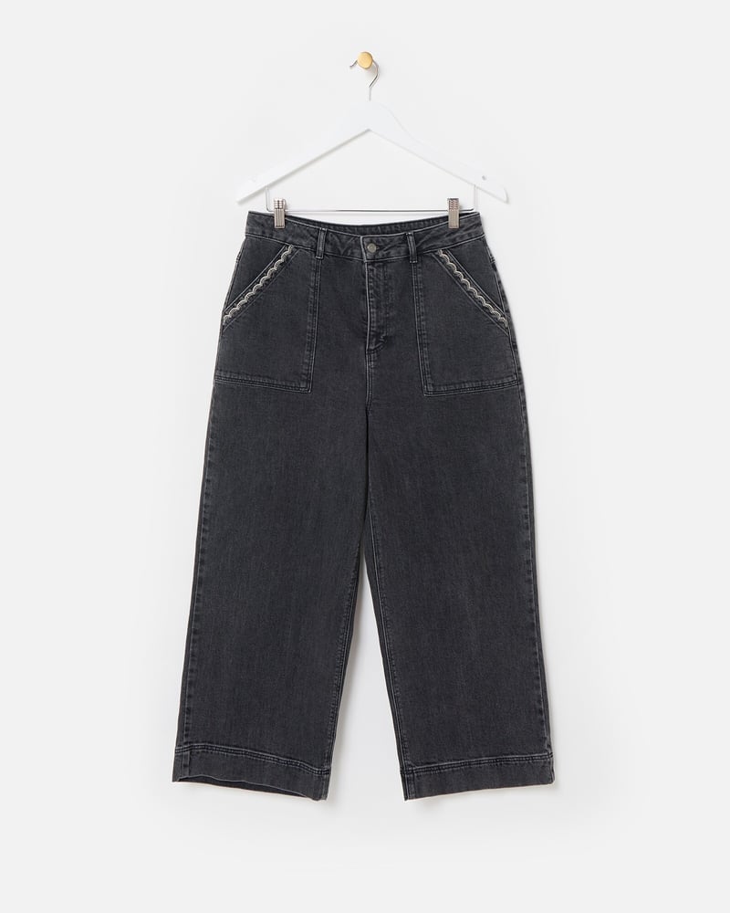 Black Denim Scallop Stitch Cropped Wide Leg Jeans