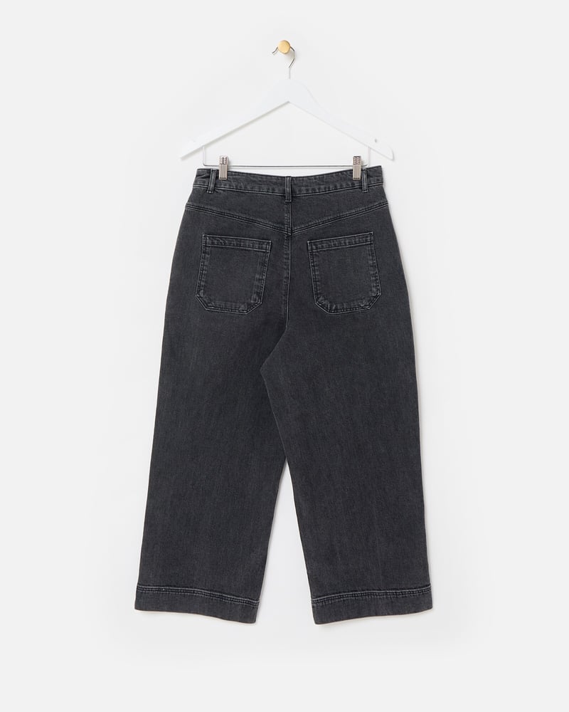 Black Denim Scallop Stitch Cropped Wide Leg Jeans