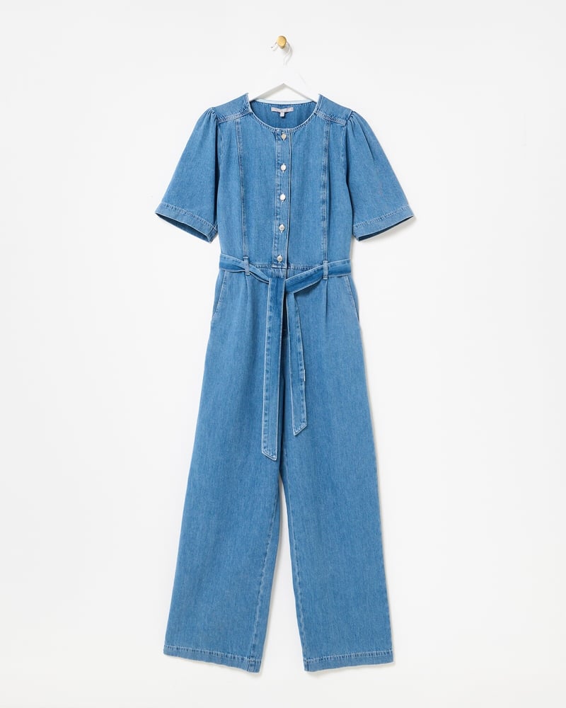 Blue Chambray Short Sleeve Tie Waist Jumpsuit