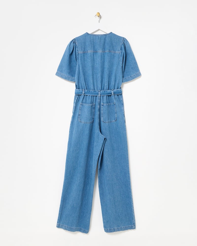 Blue Chambray Short Sleeve Tie Waist Jumpsuit
