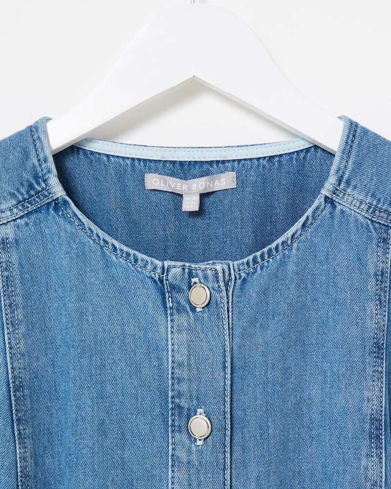 Blue Chambray Short Sleeve Tie Waist Jumpsuit