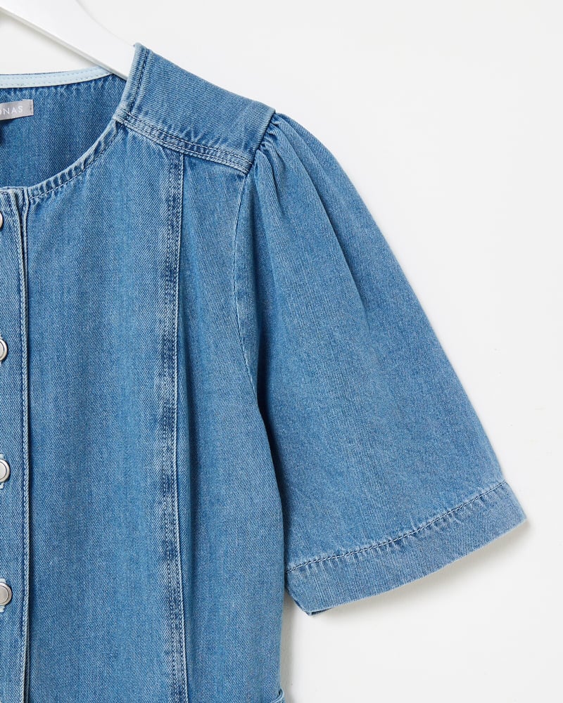 Blue Chambray Short Sleeve Tie Waist Jumpsuit