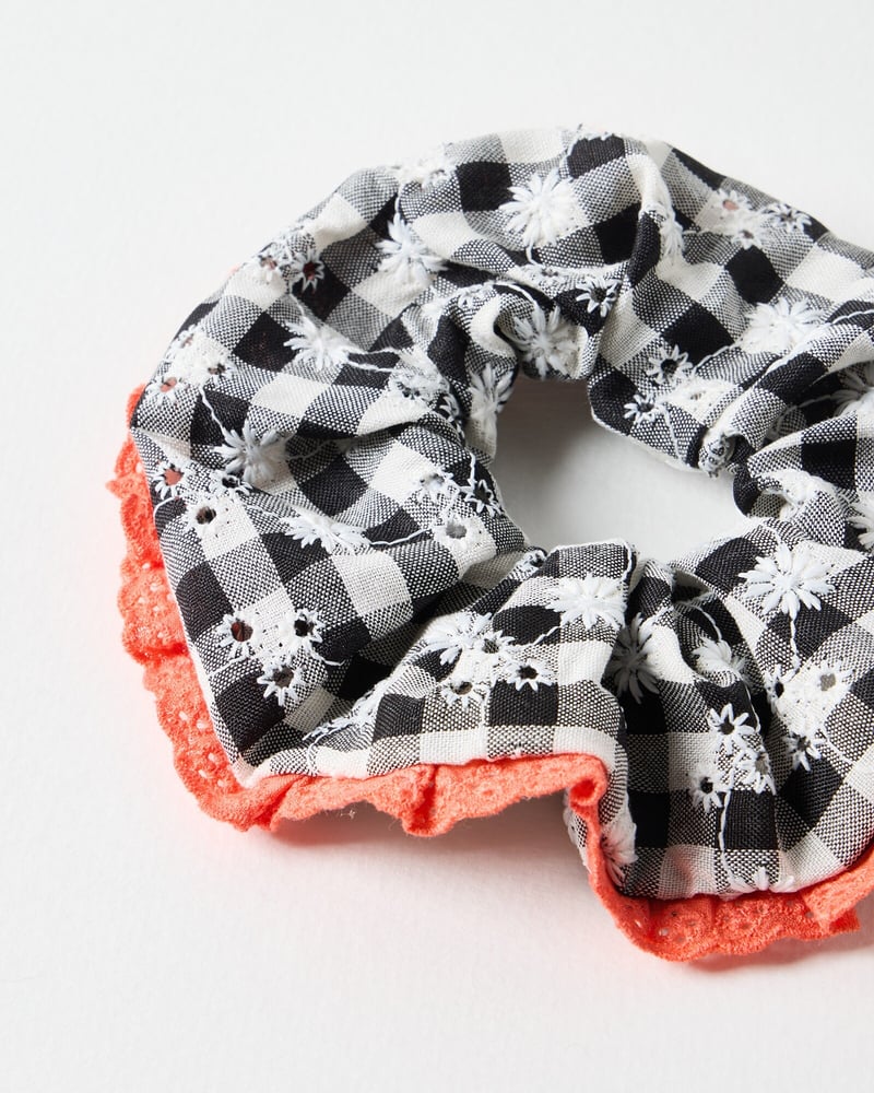 Ridley Monochrome Gingham Embroidered Hair Scrunchie