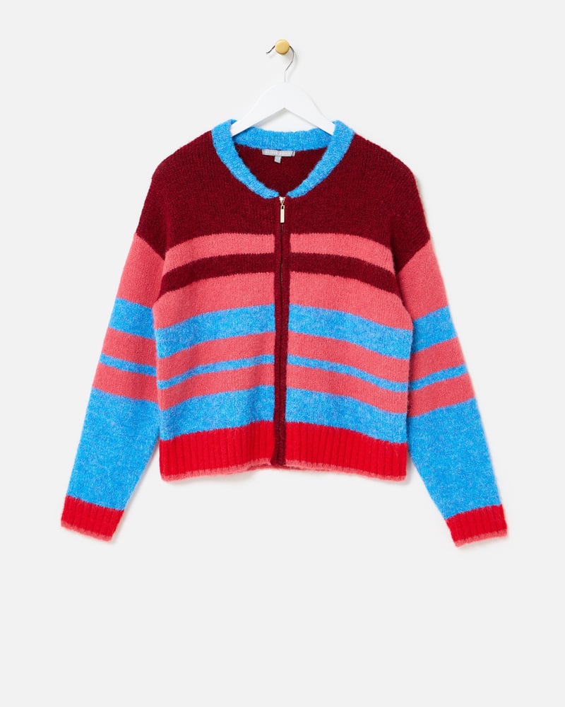 Pink & Blue Striped Knitted Bomber Jacket