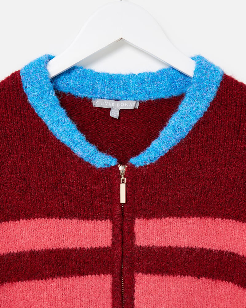 Pink & Blue Striped Knitted Bomber Jacket