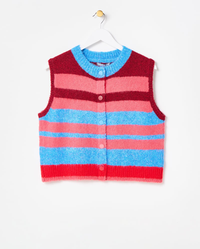 Pink & Blue Striped Button Up Knitted Waistcoat