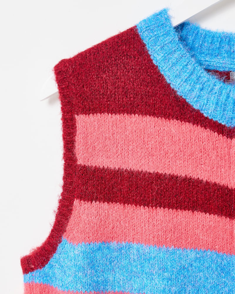 Pink & Blue Striped Button Up Knitted Waistcoat