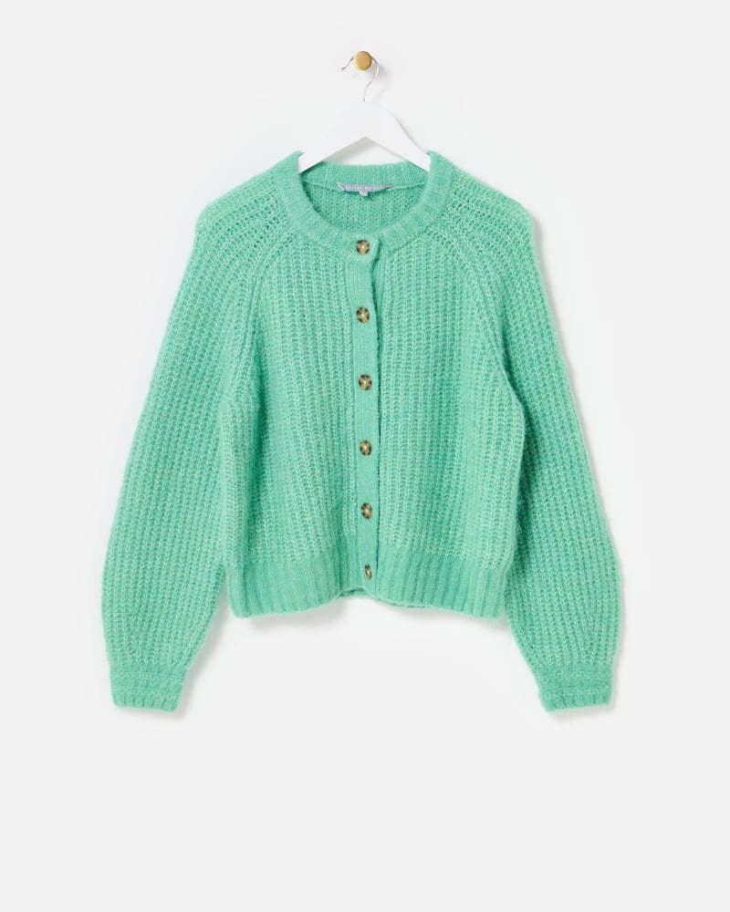 Jade Green Ribbed Crew Neck Knitted Cardigan