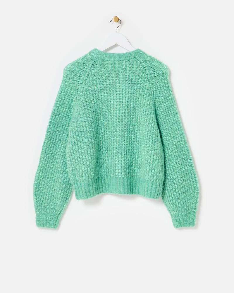 Jade Green Ribbed Crew Neck Knitted Cardigan