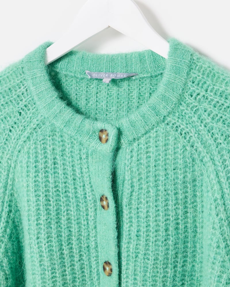 Jade Green Ribbed Crew Neck Knitted Cardigan