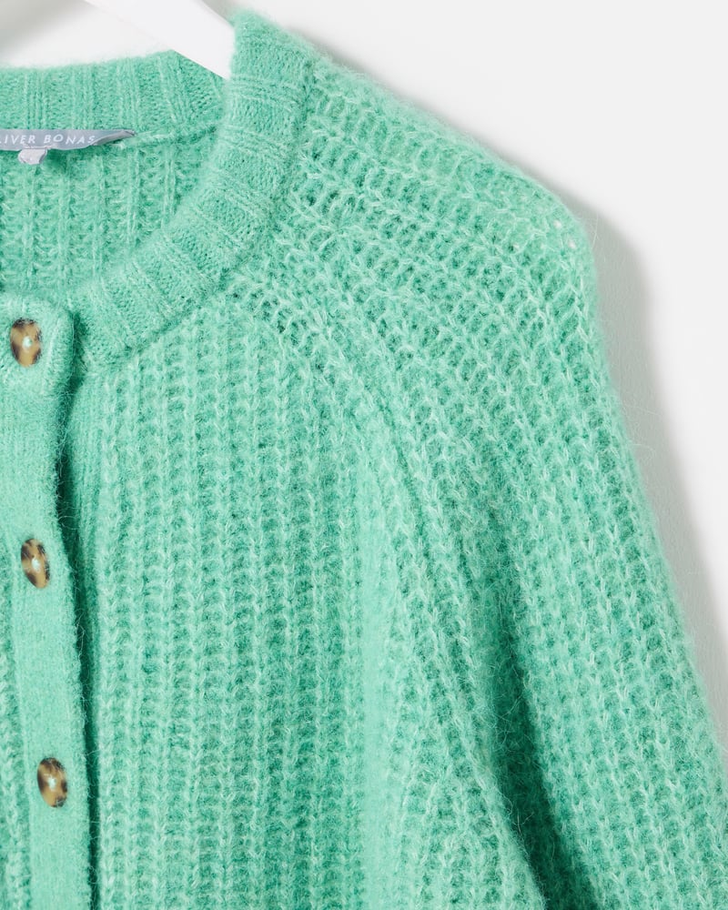 Jade Green Ribbed Crew Neck Knitted Cardigan