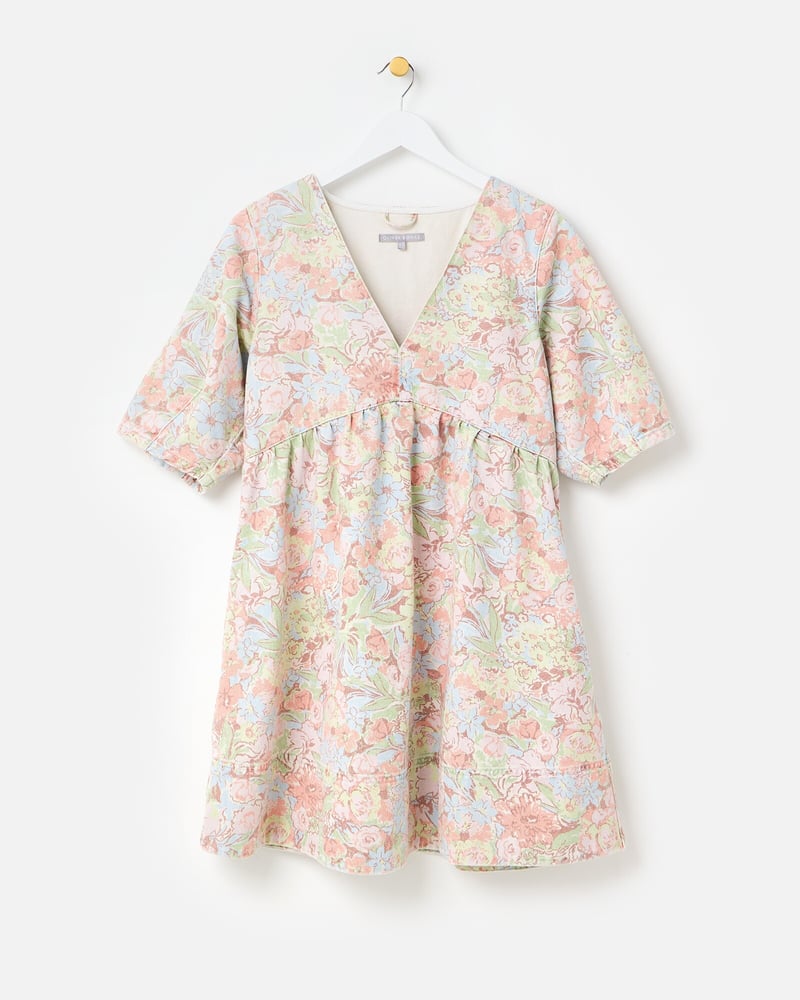 Pastel Floral Print Denim V-Neck Mini Dress