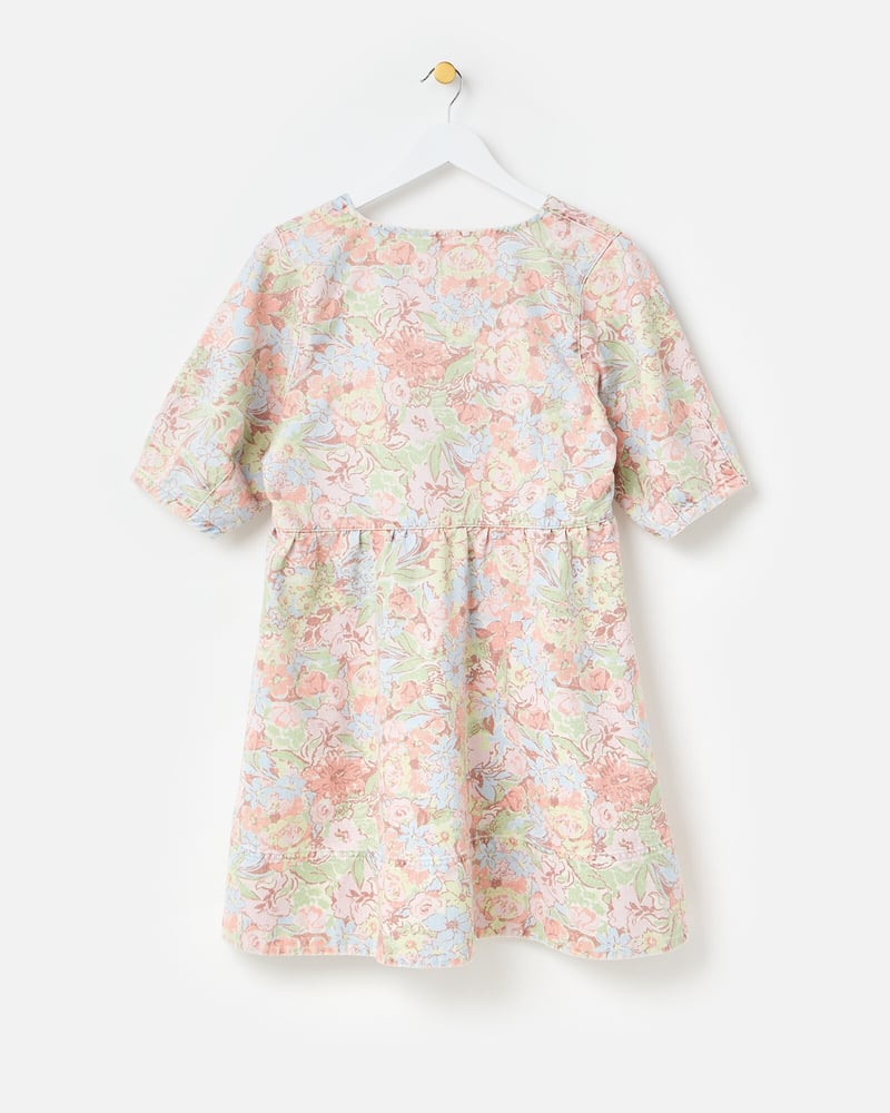 Pastel Floral Print Denim V-Neck Mini Dress