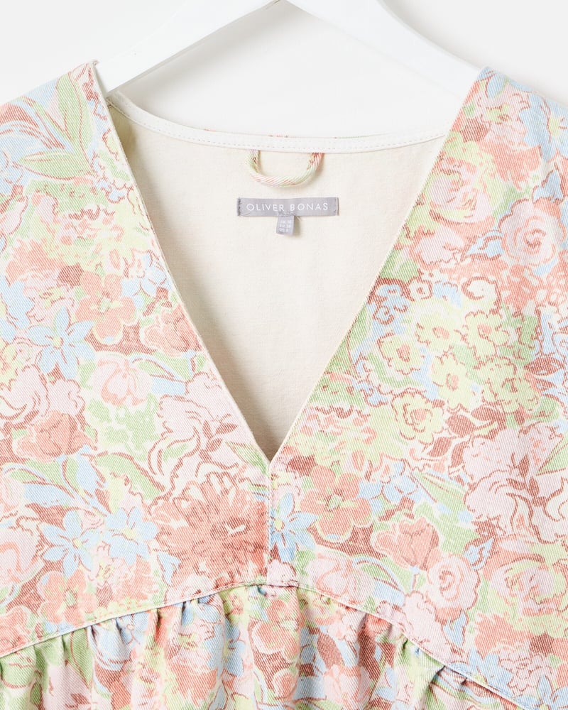 Pastel Floral Print Denim V-Neck Mini Dress