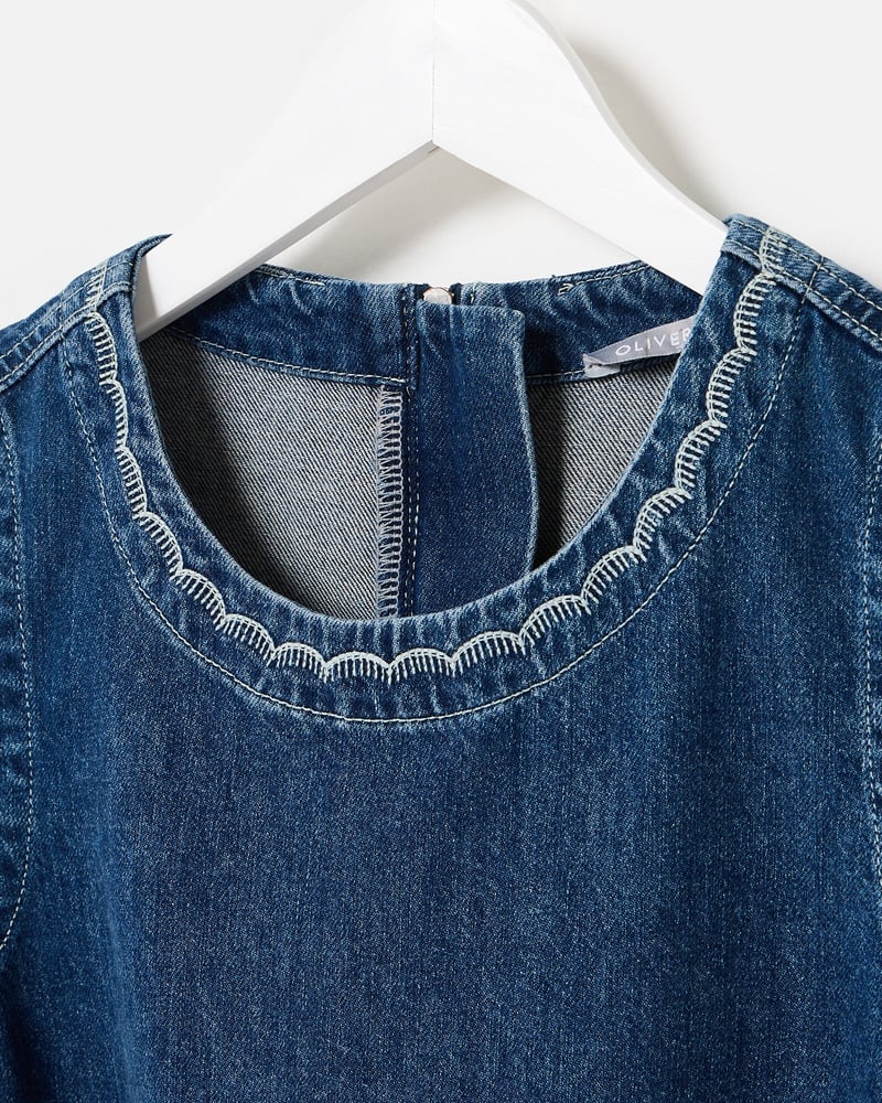 Dark Blue Denim Scallop Stitch Mini Dress