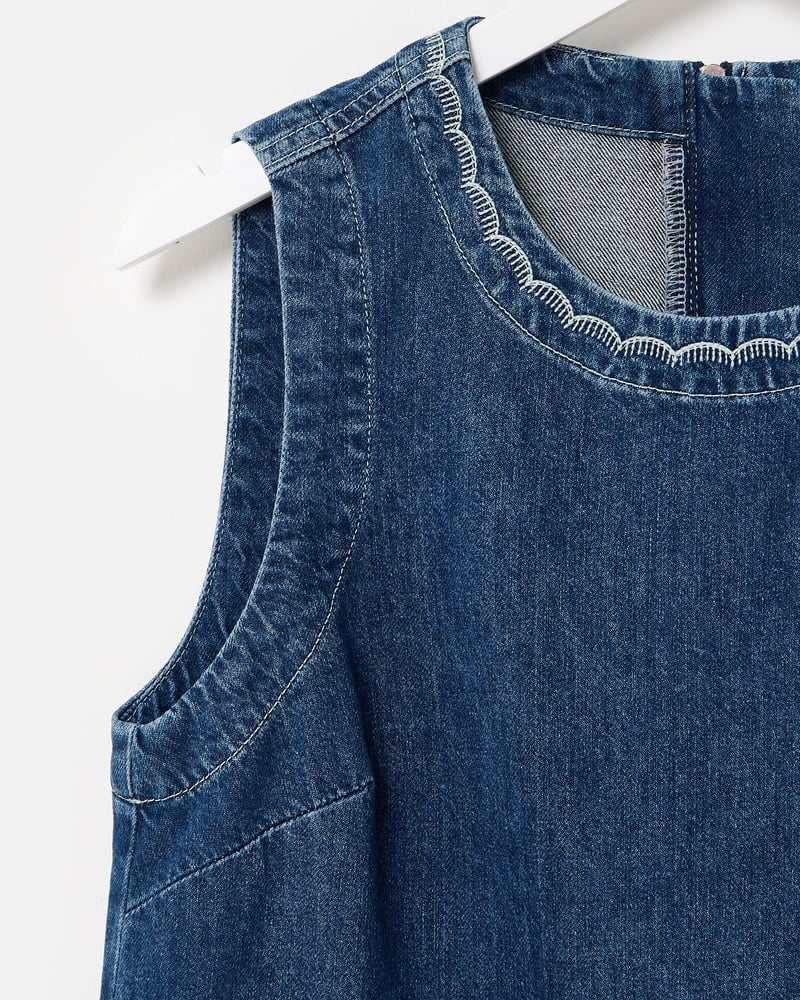 Dark Blue Denim Scallop Stitch Mini Dress