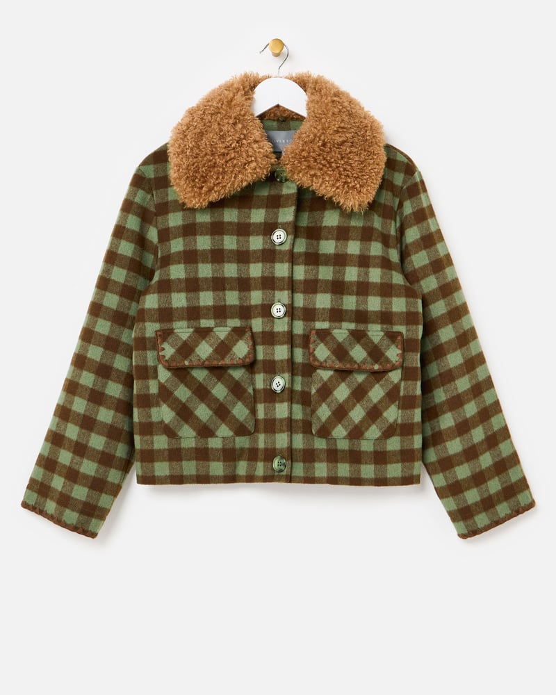 Green & Brown Checked Wool Blend Coat