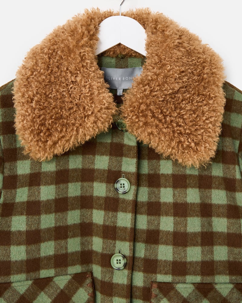 Green & Brown Checked Wool Blend Coat