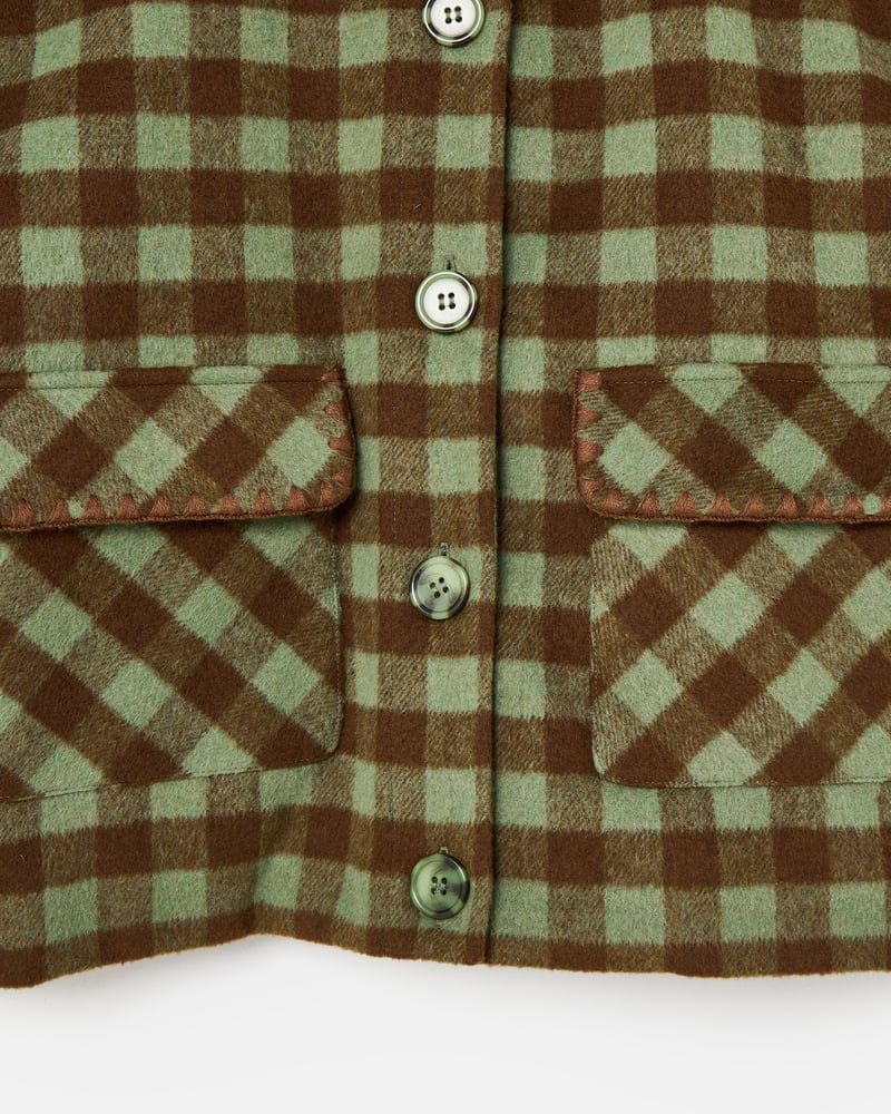 Green & Brown Checked Wool Blend Coat
