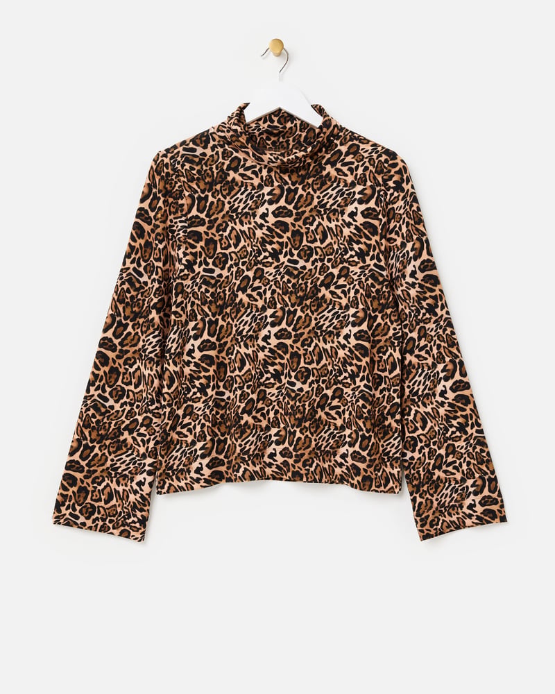 Brown Leopard Print Roll Neck Long Sleeve Top
