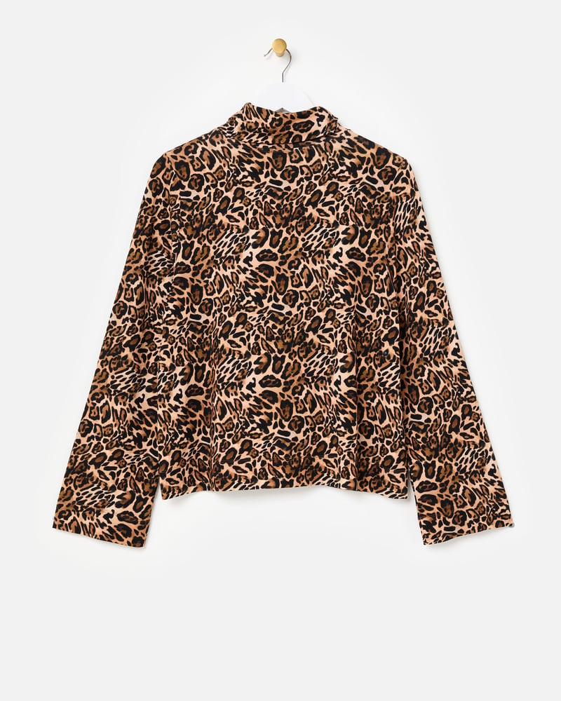 Brown Leopard Print Roll Neck Long Sleeve Top