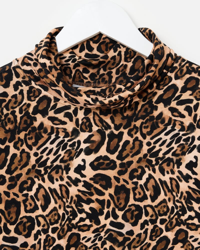 Brown Leopard Print Roll Neck Long Sleeve Top