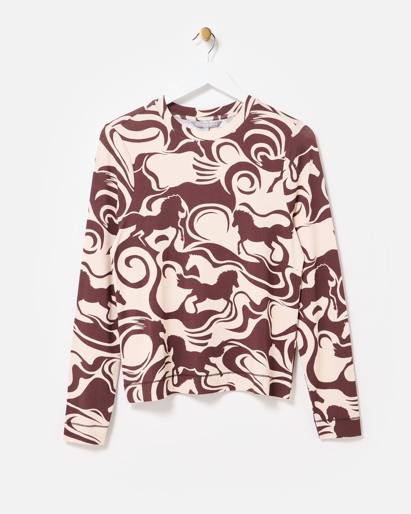 Brown & Cream Horse Print Fitted Long Sleeve Top