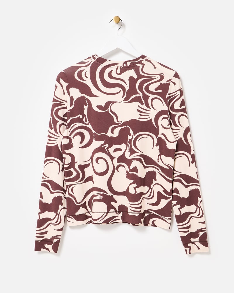 Brown & Cream Horse Print Fitted Long Sleeve Top