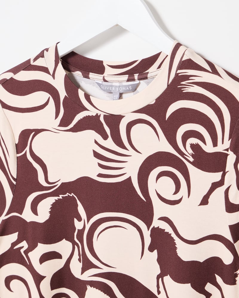 Brown & Cream Horse Print Fitted Long Sleeve Top
