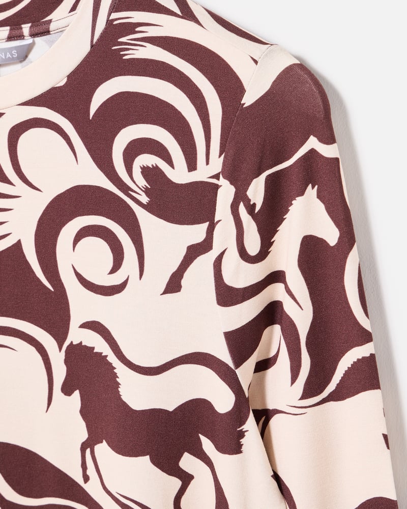 Brown & Cream Horse Print Fitted Long Sleeve Top