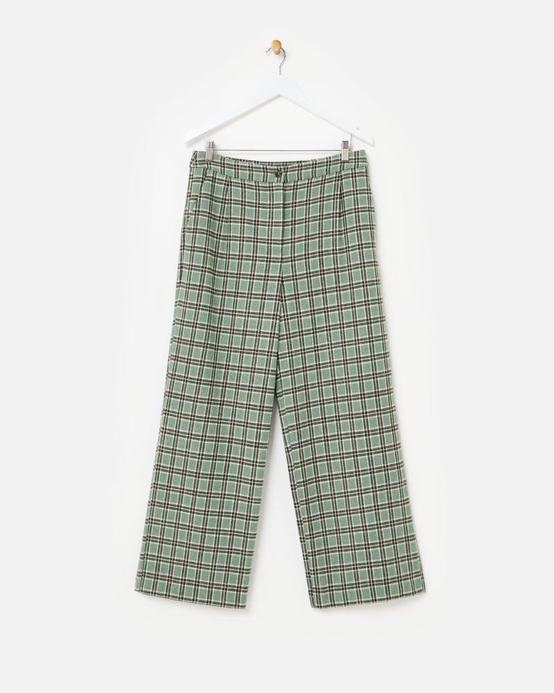 Green & Brown Checked Wool Blend Wide Leg Trousers