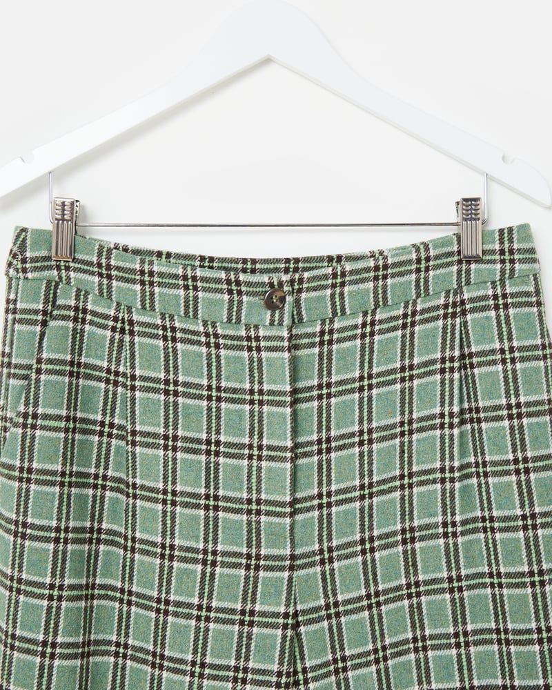 Green & Brown Checked Wool Blend Wide Leg Trousers