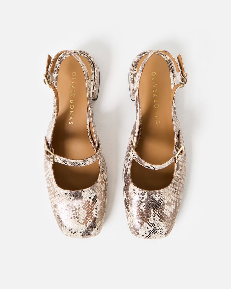 Metallic Snake Print Leather Heeled Slingbacks